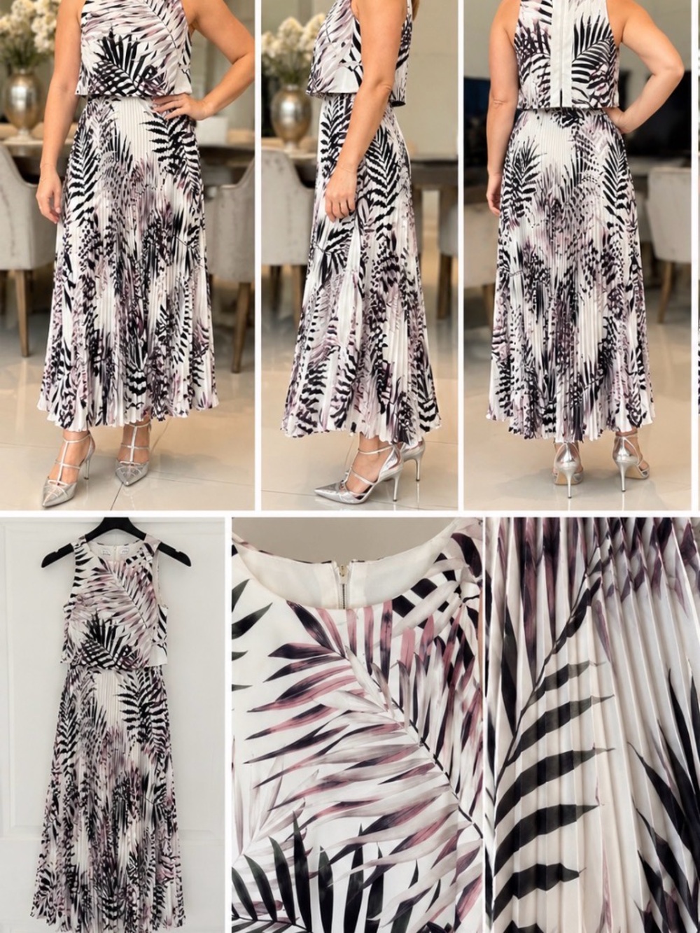 ANTONIO MELANI White Pleated Midi Skirt with Black & Blush Palm Print